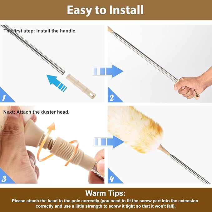 FeelfunFeather Extendable Cleaning Duster,Extra-Long Telescoping Feather Dusters with Stainless Steel Extension Pole Up to 100" for Cleaning High Ceiling Fan, High Ceilings,Furniture