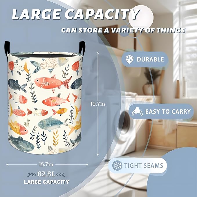 Colorful Fish and Seaweeds Laundry Basket with Handles, 19.7"x15.7" Clothes Foldable Laundry Hamper Organizer for Dorm Nursery Bedroom Bathroom Decor, Toy Storage Bin for Kids