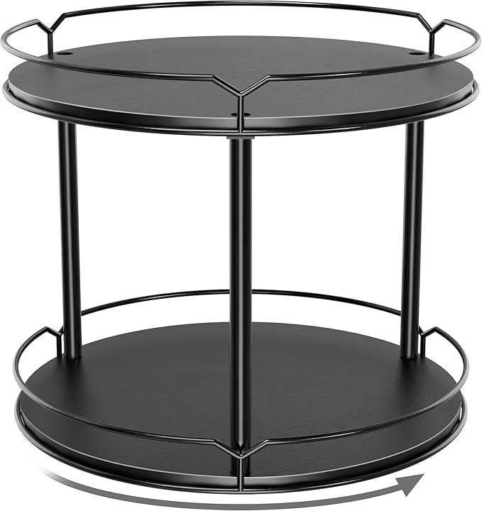 MUTUALUS Lazy Susan Organizer 2 Tier - 12.4" Turntable Spice Rack for Table Top, Wooden Rotating Lazy Susan for Cabinet Pantry Kitchen Countertop Dining Table Cupboard Bathroom Vanity Storage(Black)