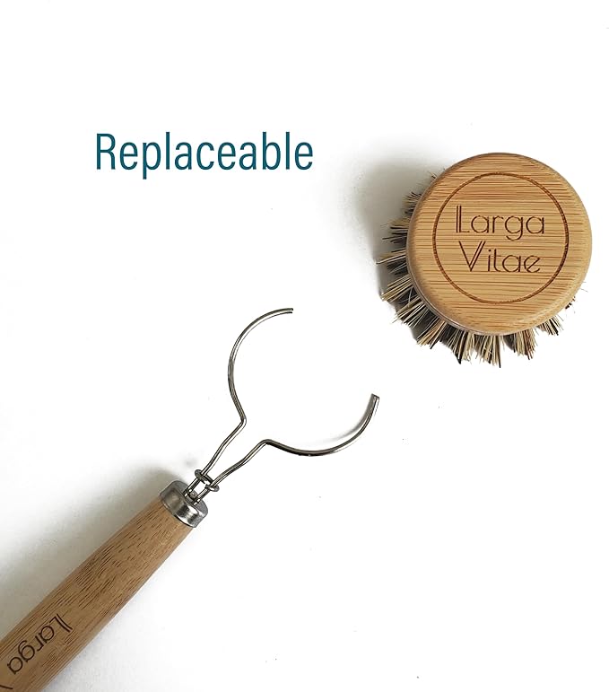 Larga Vitae Wooden Dish Brush Handles Made of Renewable, Biodegradable Bamboo, 3 Replacement Handles for Round 2 in Wide Tampico, Palm, Sisal Hemp, and Other Natural Fiber Bristle Brush Heads (Thick)