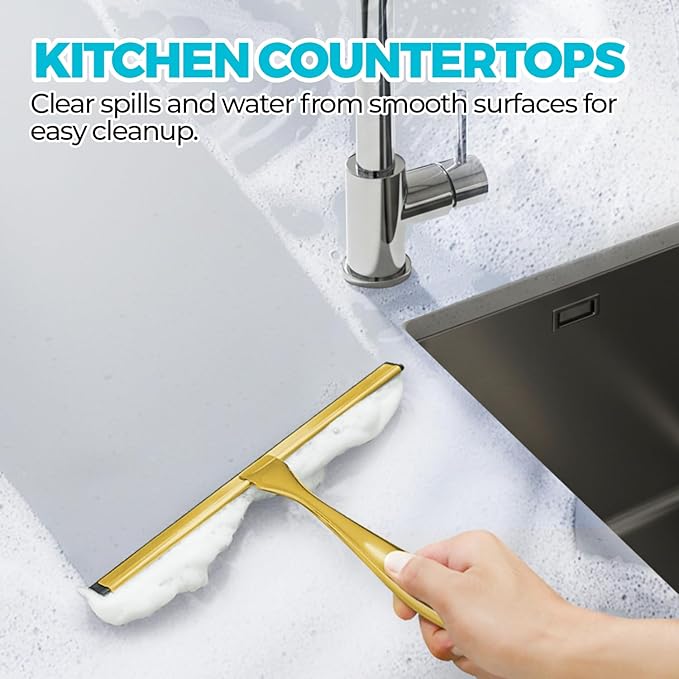 ALFLOD 2PACK 10-Inch Golden All-Purpose Shower Squeegee for Shower Doors, Bath Linen Sets, Tile Shower Walls, Bathroom, Window, Glass and Car Windshield, Mirrors and Kitchen-Stainless Steel