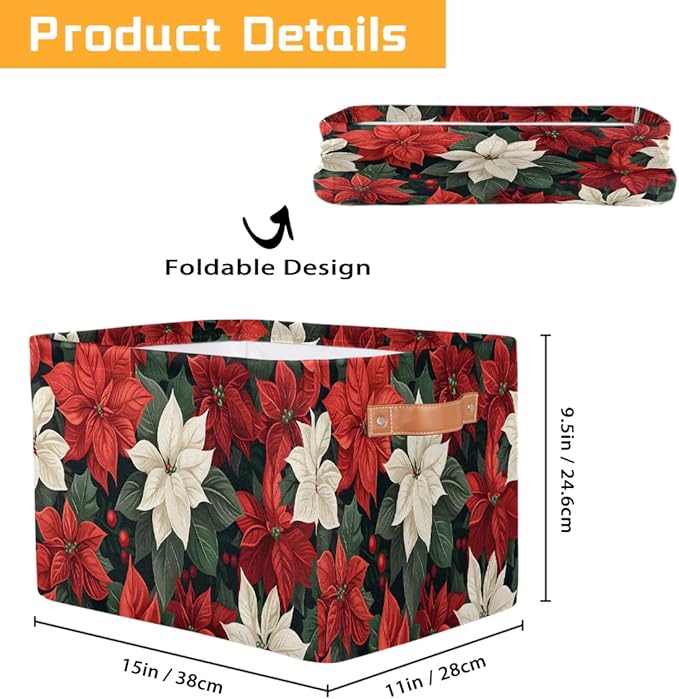 Storage Baskets Bin, Christmas Winter Poinsettia Collapsible Canvas Fabric Storage Bin Decorative Baskets Toy Organizer Rectangle Storage Boxes with Handles for Home Shelves Nursery, J-004