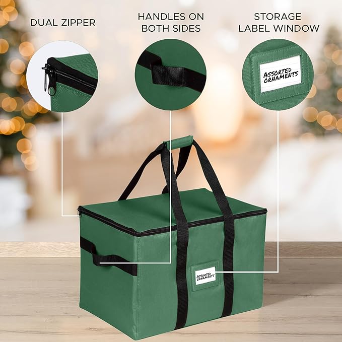 Christmas Ornament Storage Container,Box Stores Up to 96-3 inch ornaments, Adjustable Dividers, Large Organizer Bin to Protect and Store Holiday Décor - Green