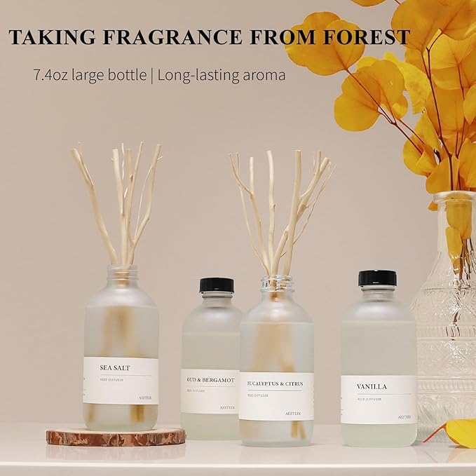Rose Lily & Sea Salt Reed Diffuser Set of 2, 14.8 oz(220mlx2) Sea Salt Musk and Flower Essential Oils, Bathroom Air Freshener with Willow Branches Decor, Long Lasting Fragrance for Home