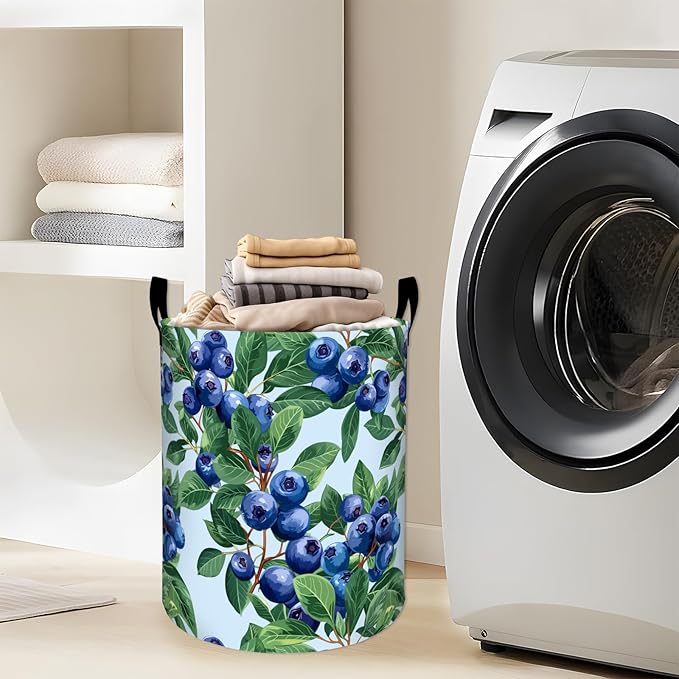 Fresh Blueberry and Green Leaves Laundry Basket with Handles, 19.7"x15.7" Clothes Foldable Laundry Hamper Organizer for Dorm Nursery Bedroom Bathroom Decor, Toy Storage Bin for Kids