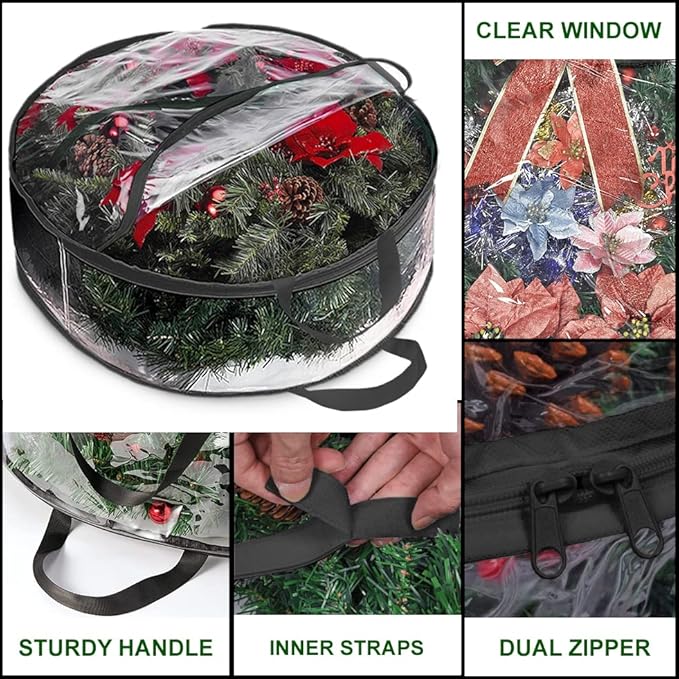 ProPik Christmas Wreath Storage Bag - 2 Pack Artificial Christmas Wreath Storage Container- Garland Holiday Wreath Storage Holder –Water Proof Transparent Clear PVC - with Handles (Black, 48 Inch)
