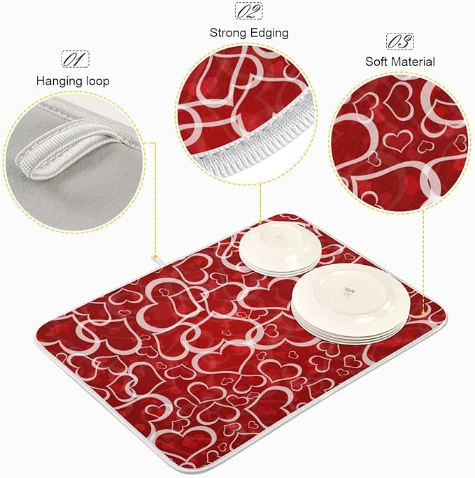 Red Pink Love Heart Dish Drying Mat for Kitchen Happy Valentine's Day Microfiber Drying Mats Absorbent Reversible Dish Pad Large Dish Draining Mat 18x24 inch