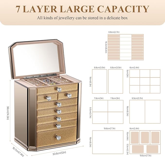 Large High End Glass Jewelry Box - 7 Layer Jewelry Organizer with Mirror, 2-Sided Doors, Velvet-Lined Storage for Rings, Necklaces, Earrings, Bracelets - Valentine's Day Gift for Women