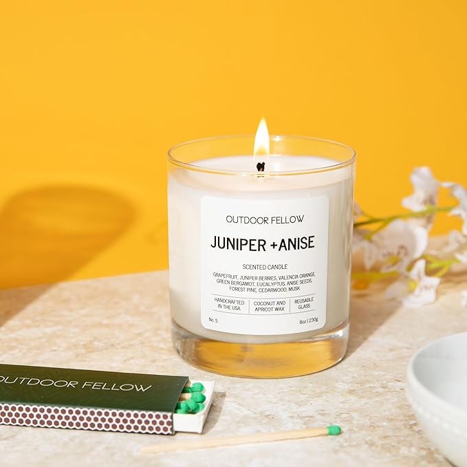Outdoor Fellow Juniper + Anise Scented Candle, 8oz, Coconut & Apricot Wax Blend, Juniper Berry, Zesty Grapefruit, Citrus Peel, Reusable Glass, 40-50 Hour Burn Time