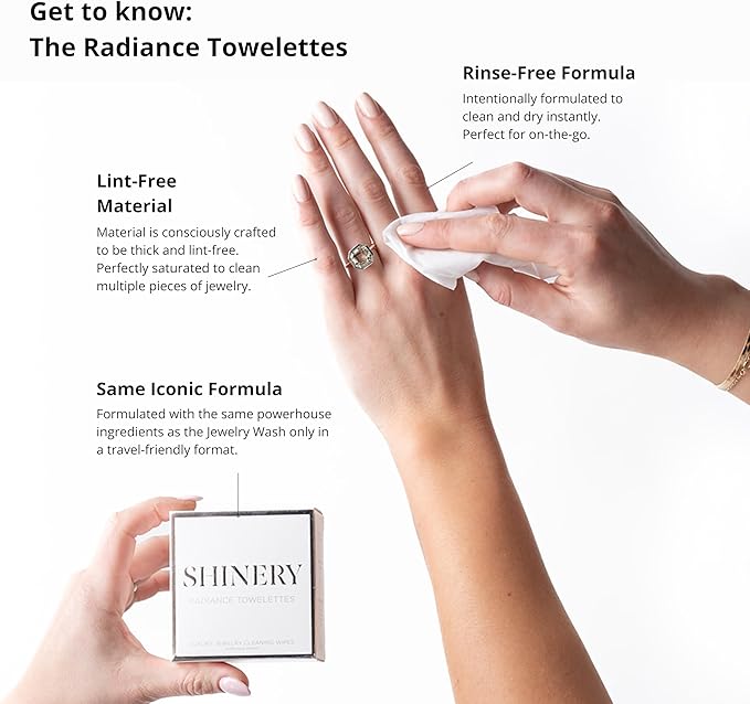 Shinery Radiance Towelettes Jewelry Cleaning Wipes - No Rinse Travel Jewelry Cleaner Safe All Gemstones Pearls, 10 Individually Packed Wipes
