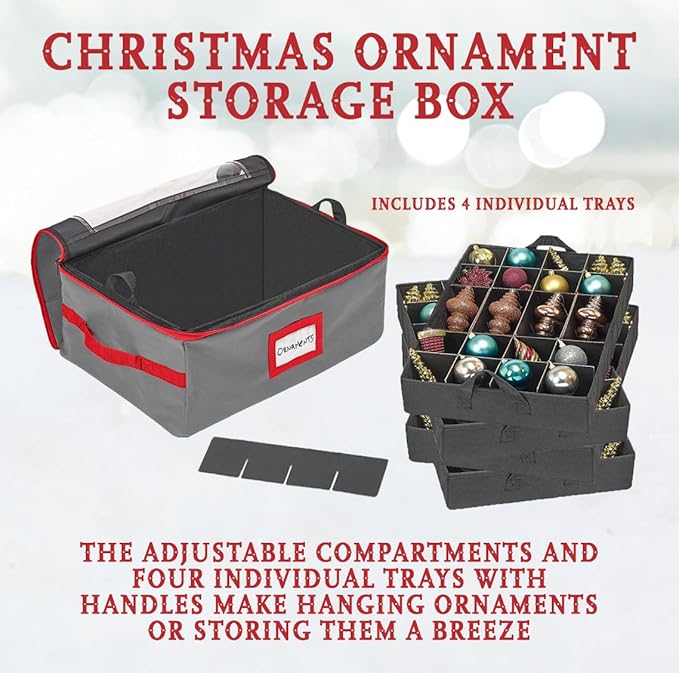 HOLDN’ STORAGE Christmas Ornament Storage Box with Dividers - Fits 96-3” Ornaments, 4 Removable Trays, Durable & Space-Saving, Clear Top Lid, Convenient Storage Designed, Grey