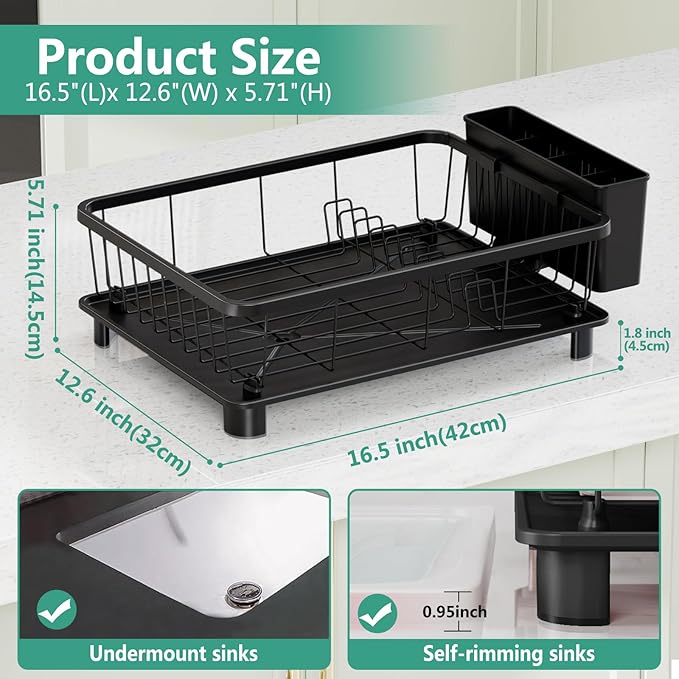 Hiviweer Dish Drying Rack - Space-Saving Dish Rack,Dish Racks for Kitchen Counter with Drainboard, Rustproof Dish Drainer with a Removable 4-Compartment Utensil Holder,Black