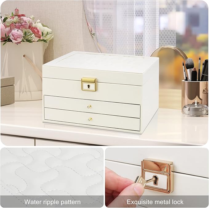 DesignSter Jewelry Box,Jewelry Organizer with 2 Drawers, 3 Layers Leather Jewelry Storage Box with Lock, Jewelry Storage Case for Necklaces Earrings Bracelets and Rings（Beige）