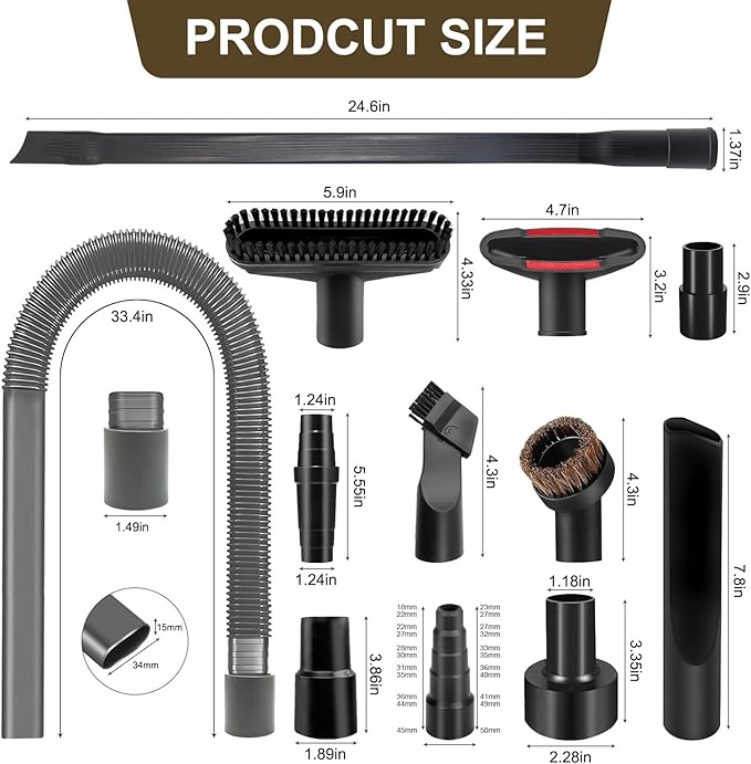 12-Piece 1 1/4 Inch (32mm) Vacuum Attachments Cleaning Kit With Dryer Lint Vac Attachment/Round Vacuum Brush/Flexible Crevice Tool
