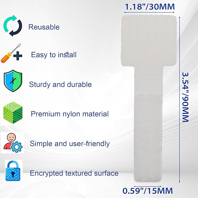 Rierdge 80 PCS White Hook and Loop Cable Straps, Self Adhesive Cable Ties - Reusable Adjustable Wire Organizers for Desk, Home Office, Workshop