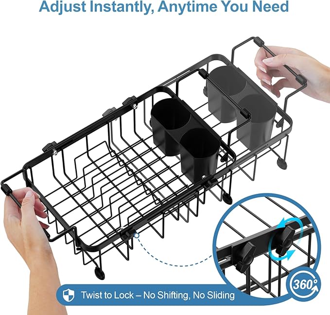 iSPECLE Small Sink Dish Drying Rack with Cup Holder, Expandable Rust Resistant Dish Drainer for RV Kitchen, Dish Rack with Tightening Knob, Arms with Non Slip Rubber, Fit Sink 12"-16.8" L, Black