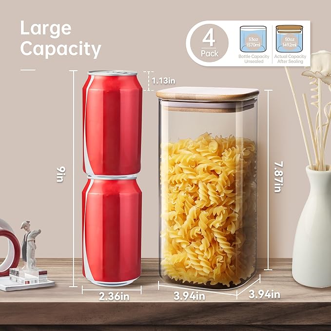 HomArtist Square Glass Jars with Bamboo Lids 53 FL OZ [Set of 4], Glass Canisters with Airtight Lid, Glass Food Storage Containers for Pasta, Cereal, Coffee, Flour, Sugar, Best for Kitchen & Pantry