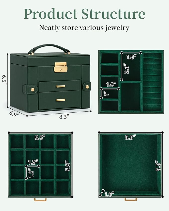 TORIBIO Jewelry Box for Women, Leather Jewelry Organizer with Mirror & Lock, 3-Tier Jewelry Storage Organizer with 2 Drawers for Girls/Women/Mothers, Necklace Earring Bracelets Holder Organizer