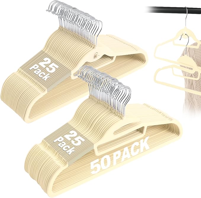 UEAKPIC Velvet Hangers 50 Pack, S-Shaped and Stackable Non Slip with 360°Swivel Hook, Ultra Thin and Space Saving Flocked, for Suits, Shirts, Coats, 15Lbs Capacity Heavy Duty, Ivory