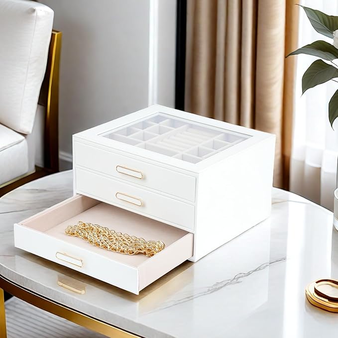 Jewelry Box Organizer with Glass Lids 3 Layer Jewelry Storage Case PU leather Jewelry Boxes for Woomen Suitable for Storing Rings Necklaces Earrings, Bracelets Gift Box for Girls