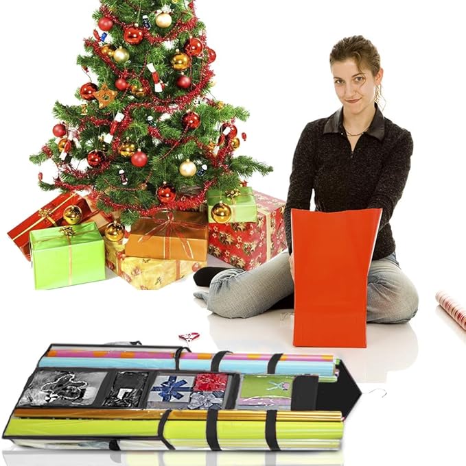 ProPik Hanging Double-Sided Gift Wrap Organizer, Wrapping Paper Storage with Multiple Front and Back Pockets, Organize Your Gift Bags Bows Ribbons 40”X17" Fits 40 Inch Rolls (Black seam)
