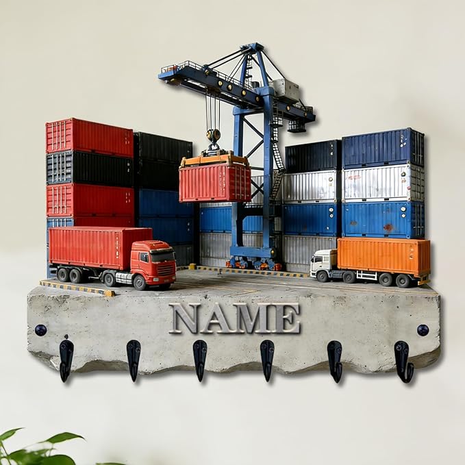 Personalized Wooden 2D Flat Print Container Truck Themed Wall Hooks for Living Room Hallway Office Custom Name Container Crane Coat Rack Port Transportation Key Storage Holder for Women Men Friends