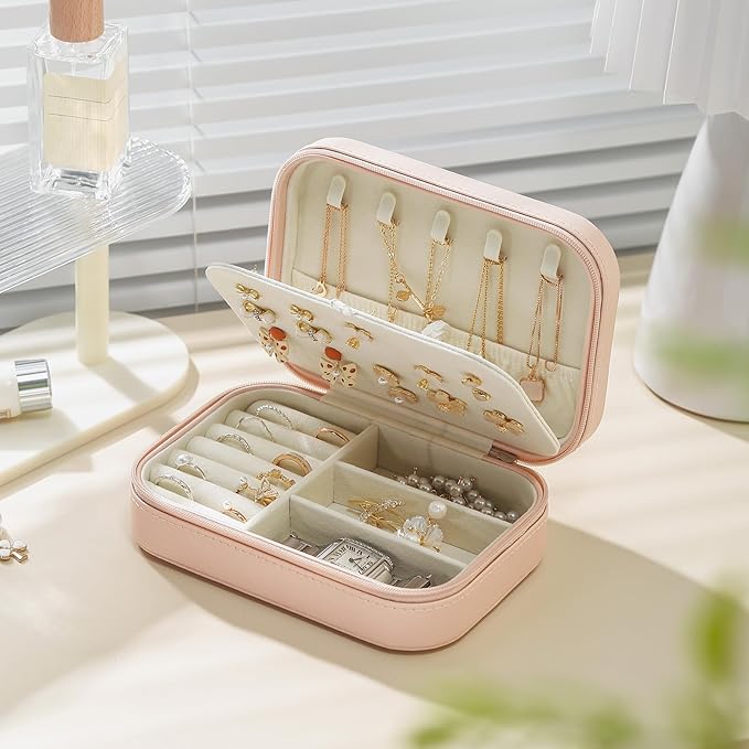 CASEGRACE Travel Jewelry Case, Double Layer Travel Jewelry Organizer for Necklace Earring Rings Jewelry Display Case for Women, Pink