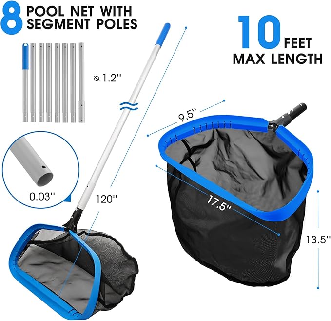 17.5'' Self-repair Pool Net with Pole 10 Ft Thick Aluminum 8 Sections Detachable Pool Poles & Nylon Fine Mesh Netting Bag Wear Resistant Pool Skimmer Net Leaf Rake for Above Ground In-ground Pools