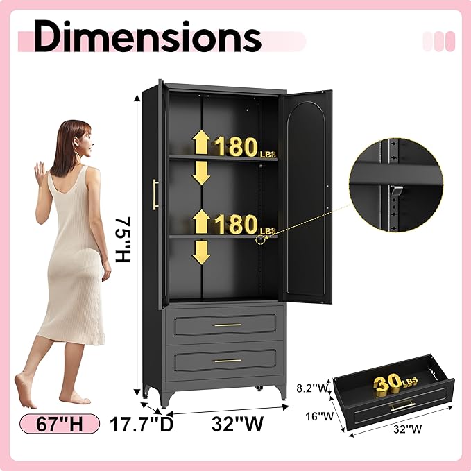 Pantry Kitchen Cabinet with Drawer, 75" Tall Pantry Storage Cabinet, Metal Storage Cabinets with Doors and Shelves, Large Freestanding Cupboard for Dining Room, Assembly Required, Black