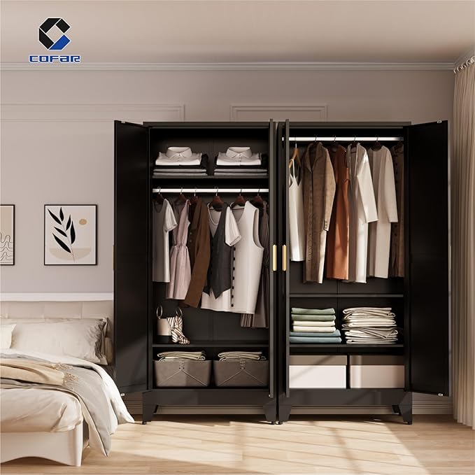 COFaR Metal Wardrobe Closet with Doors, Black Farmhouse Bedroom Armoires with Adjustable Hanging Rod and Shelves, 71'' Tall Closet Cabinet for Garage Storage, Roperos para Guardar Ropa