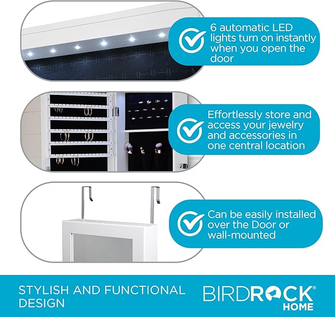 BIRDROCK HOME Hanging Jewelry Organizer - Lockable Storage Cabinet with Body Mirror & LED Lights, Door or Wall Mounted for Closet or Bedroom Dresser, Adjustable Height & Large Capacity - White