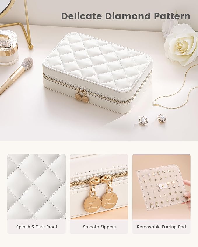 Lolalet Travel Jewelry Case for Women Girls, Travel Jewelry Organizer with Clear Storage Bag Small Portable Jewelry Box for Necklace Bracelet Earring Ring Valentines Bridesmaid Gifts -Large/Beige