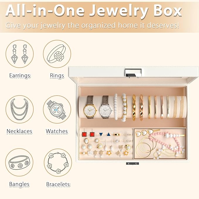 Jewelry Organizer Box with Clear Glass Lid, Bracelet Holder Jewelry Storage Case for Earrings, Rings, Bangles, Watches - PU Leather Jewelry Display Box Gifts for Women Girls, White
