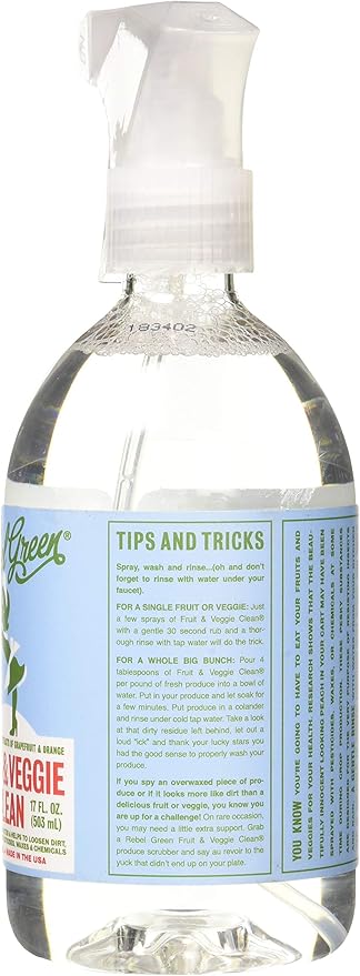 Rebel Green Fruit & Veggie Clean - Plant-Based Produce Cleaner - Natural Fruit and Vegetable Wash with No Aftertaste - Dirt & Grime Removal - Made with Organic Extracts of Citrus - 16 FL OZ