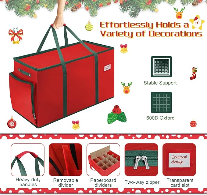 Large 2-in-1 Christmas Ornament Storage Box & Xmas Figurine Container,4 Separate Trays Keep 64-3"/ 36-4" Holiday Ornaments,Adjustable Extent Area for Figurines and Pockets for Decoration