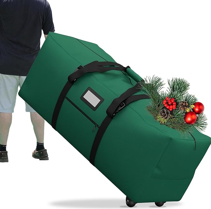 7.5 ft Christmas Tree Storage Bag, Heavy Duty Rolling Xmas Tree Bag with Reinforced Handles and Wheels, Large Storage Container for Trees and Decorations, Green