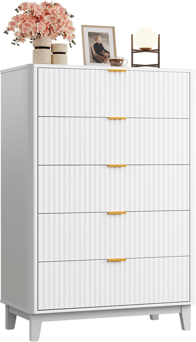 WLIVE Fluted Dresser for Bedroom with 5 Drawers, 46.26" Tall Wooden Dresser with Golden Metal Handles, Mid Century Modern Chest of Drawers for Living Room, Hallway, Closet, Solid White