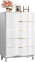 WLIVE Fluted Dresser for Bedroom with 5 Drawers, 46.26" Tall Wooden Dresser with Golden Metal Handles, Mid Century Modern Chest of Drawers for Living Room, Hallway, Closet, Solid White