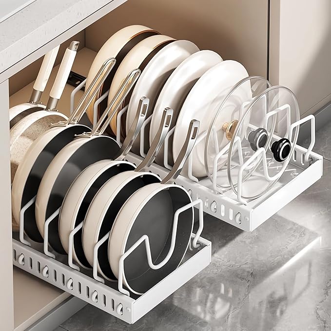 Mnftive pots and pans organizer under cabinet,pot lid organizers inside cabinet holders for kitchen,Horizontal and vertical pulling modes,cast iron storage (Black Vertical pull-out)