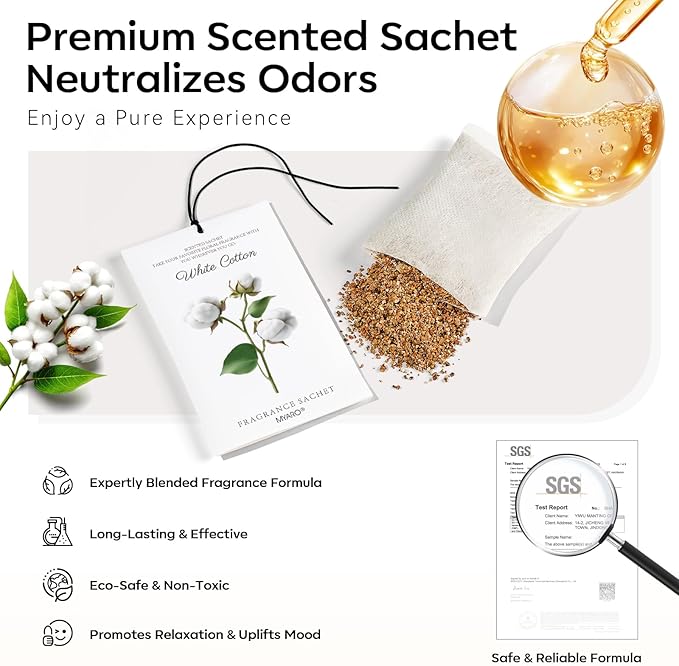 MYARO 12 Packs Scent Sachets for Closet Clothes Storage - White Cotton Fragrance Long Lasting Home Air Freshener Odor Deodorizer