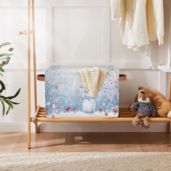 Storage Baskets Bin, Christmas Winter Snowman Collapsible Canvas Fabric Storage Bin Decorative Baskets Toy Organizer Rectangle Storage Boxes with Handles for Home Shelves Nursery, J-019