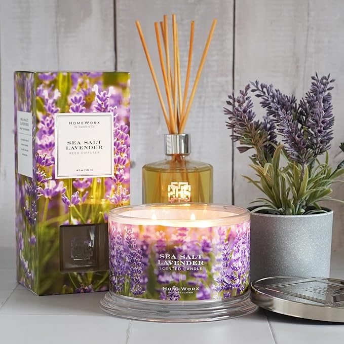 HomeWorx by SLATKIN + CO. Candle- Sea Salt Lavender, 18 oz. 4-Wick Premium Scented Candle - 30-55 Hours Burn Time