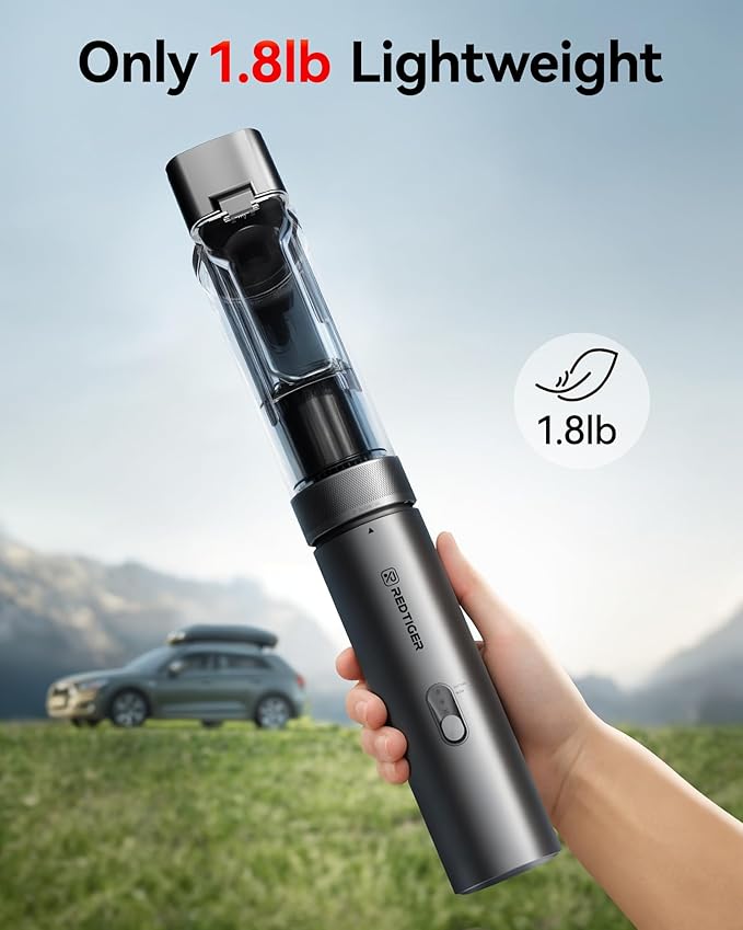 REDTIGER Car Vacuum Cordless, 21000PA Portable Handheld Vacuum Up to 70 Mins Runtime, 3.5H USB-C Fast Charge, Lightweight 4 in1 Mini Hand Held Cleaner Power for Car Home Outdoor Camp Pet Food Black