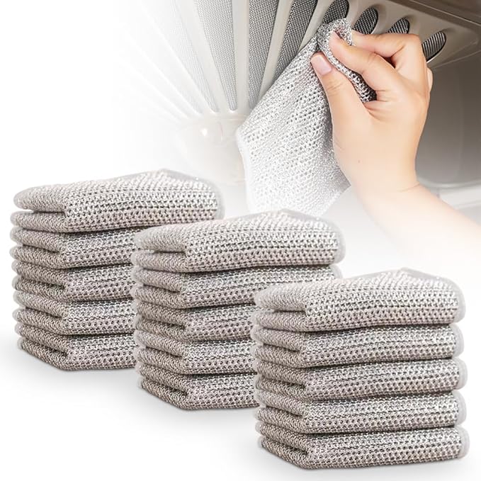Cecurpo Multipurpose Wire Dishwashing Rags, New Silver Stainless Steel Dishwashing Cloth for Wet and Dry, Reusable Premium Metal Scrubbing Pads Sponge Clean Tool for Home Kitchen (15)