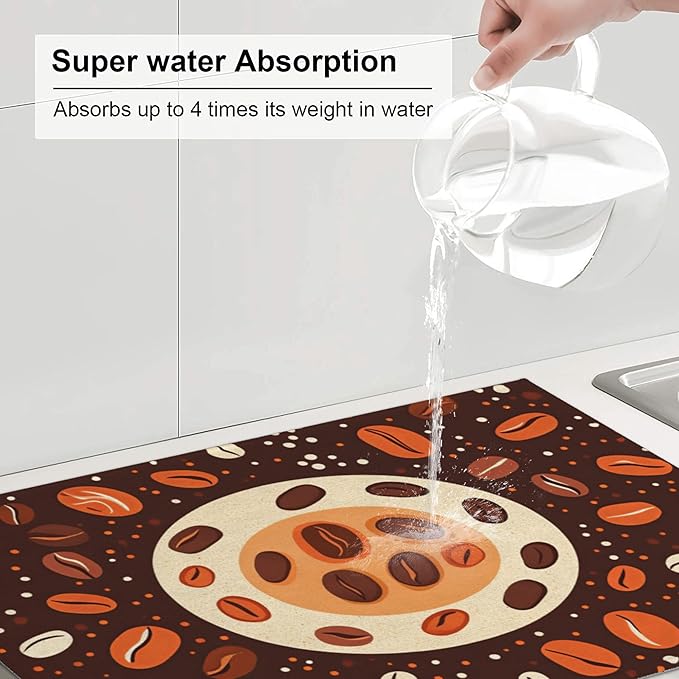 Coffee Beans Dish Drying Mat for Kitchen Counter Microfiber Super Absorbent Non-Slip Dish Drying Pad for Countertops Dishes Utensils Stylish Quick-Dry Machine Washable 18x24 Inch
