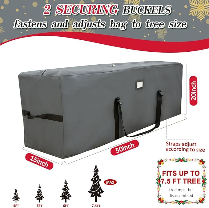 AerWo Christmas Tree Storage Bag, Large Christmas Storage Containers Fits Up to 7.5 Ft Artificial Tree, Durable 600D Oxford Christmas Tree Bag, Christmas Tree Storage Box with Zipper and Handles(Gray)