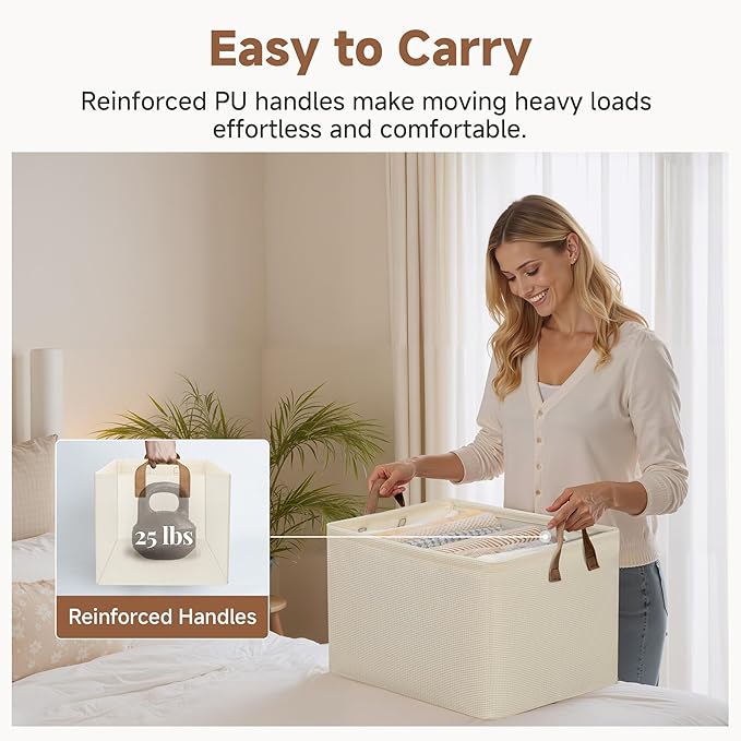 StorageWorks Storage Bins, Shelves Baskets for Organizing, 45L Extra Large Fabric Closet Organizers with Handles, Metal Frame, Beige?Texture?, 2-Pack