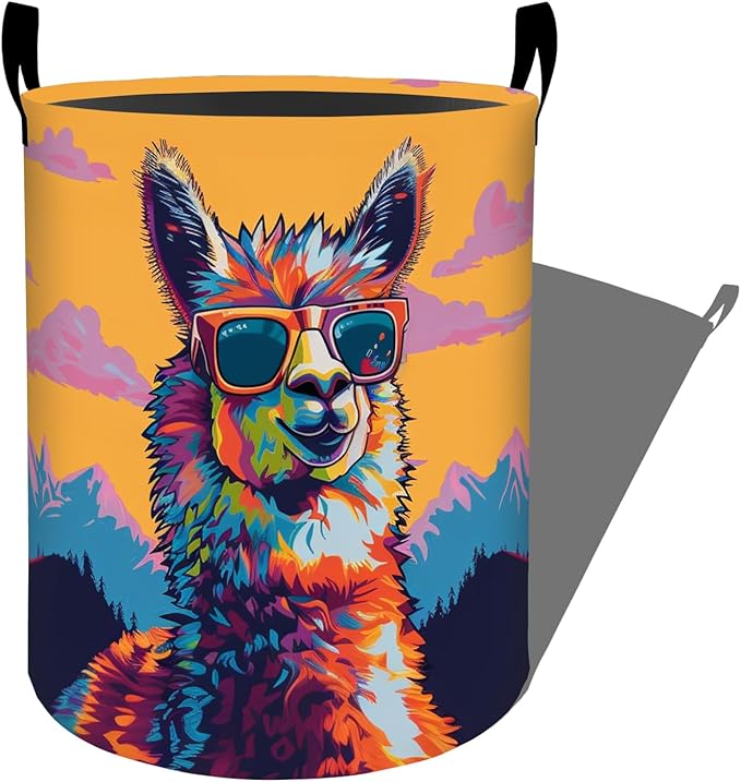 Colorful Llama with Cool Sunglasses Laundry Basket with Handles, 19.7"x15.7" Clothes Foldable Laundry Hamper Organizer for Dorm Nursery Bedroom Bathroom Decor, Toy Storage Bin for Kids