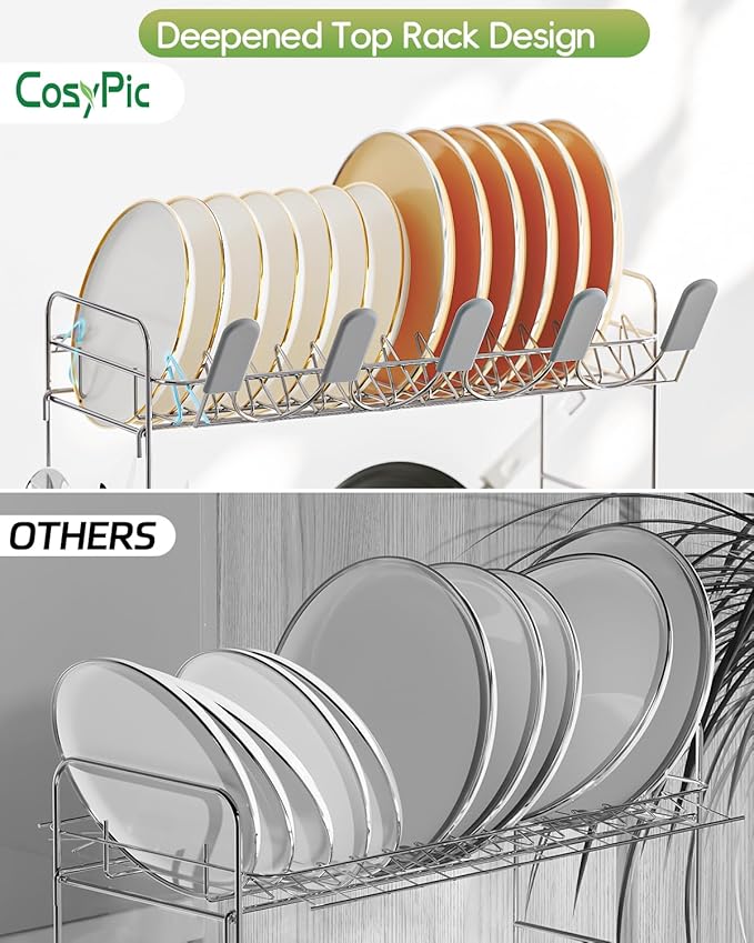 CosyPic 2 Tier Dish Drying Rack, Thicker Premium 304 Stainless Steel Dish Racks for Kitchen Counter, Automatic Drainage Spout, Dish Drainer & Drainboard Set with Utensil Holder and Cup Holder, Grey