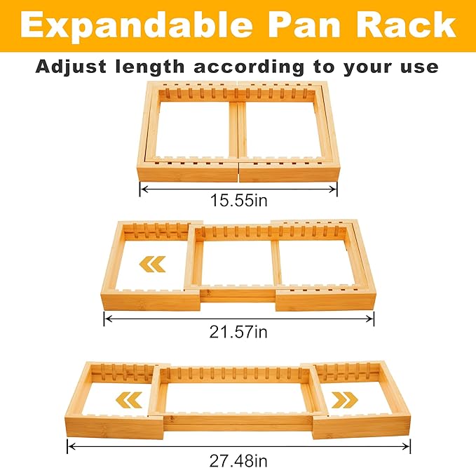 MinBoo Bamboo Expandable Pot Lid Organizer Pot Lid Holder, Pot and Pan Organizer Drawer Organizer for Pot Lids, Adjustable Dividers for Kitchen Cabinet Organizers and Storage,Large